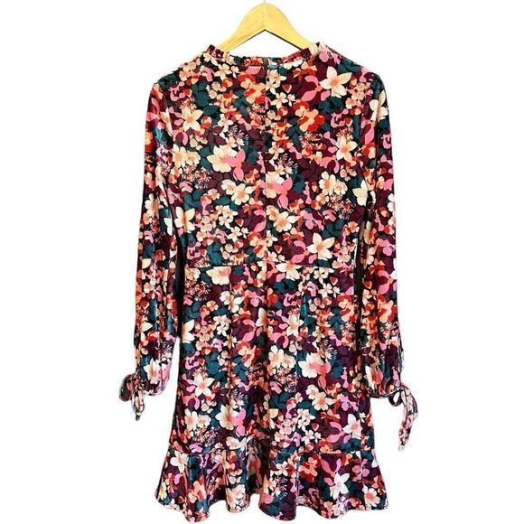 Bcbgeneration Velvet Floral Print Ruffle Trim Colorful Mini Dress - Picture 3 of 8
